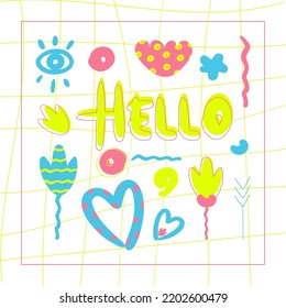 Hello funky elements vector gift card. Blue, yellow, pink fun hearts. flowers, Hello calligraphy design. Good mood gift card, sticker, wallpaper. Bright cool invitation card.