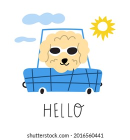 Hello. Funny dog driving a car. 
Hand drawn vector illustration on white background.