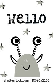 Hello - Funny nursery poster with monster and lettering. Monochrome kids vector illustration in scandinavian style.