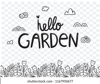 Hello garden poster. Hand drawn seamless bottom border. Vector flowers and plants.