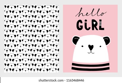 Hello Girl. Cute Hand Drawn Baby Shower Vector Illustrations Set. White Little Bear on a Pink Background. Heads of Bears Pattern. Infantile Design. Hand Written Black Letters. Nose in the Heart Shape.