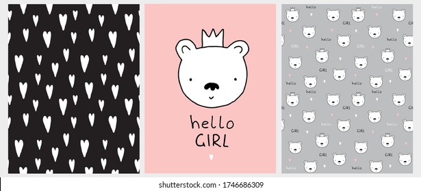 Hello Girl. Cute Nursery Art With White Shy Bear Isolated On A Light Pink Background. Seamless Irregular Vector Pattern With White Hearts On A Black. Baby Girl Party Decoration.