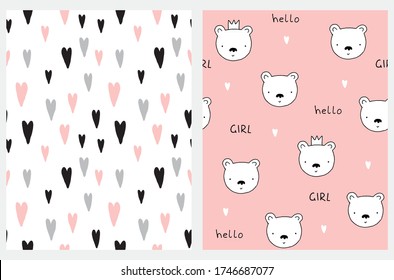 Hello Girl. Cute Nursery Art With White Shy Bear Isolated On A Light Pink Background. Seamless Irregular Vector Pattern With Black And Pink Hearts On A White. Baby Girl Party Decoration.