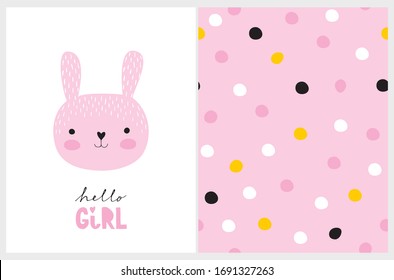 Hello Girl. Funny Nursery Vector Illustration with Cute Pink Baby Bunny Isolated on a White Background. Simple Irregular Dotted Pattern. White, Black, Pink and Yellow Dots on a Light Pink Background.