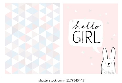 Hello Girl Hand Drawn Card and Irregular Triangles Vector Pattern. White Hand Drawn Bunny on a Light Pink Background. Triangle Shape Confetti. White Speech Bubble with Black Hand Written Text.