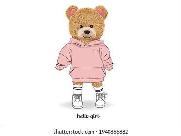 hello girl teddy bear  positive quote fashion slogan watercolor stationery,decorative,phone case ,social media,self-improvement design for t shirts, prints, posters, stickers, frames et 