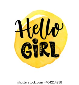 Hello girl typography design on yellow watercolor spot