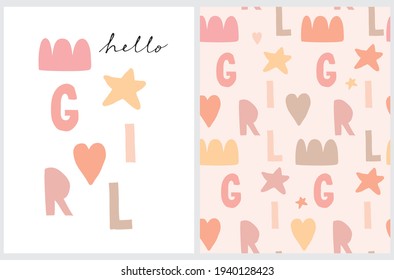 Hello Girl.Cute Baby Shower Vector Illustration and Seamless Vector Pattern.Hand Drawn Print ideal for Card and Baby Girl Party. Pink Cloud, Coral Heart and Yellow Star on a White and Pink Background.