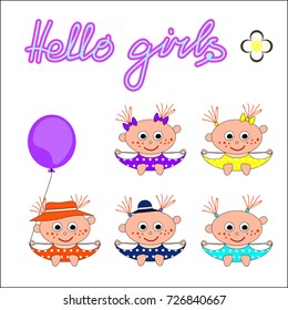 Hello, girls! Five girls in bright dresses with balloons