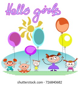 Hello, girls! Five girls in bright dresses with balloons