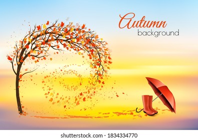 Hello a gold autumn. Autumn landscape with autumn colorful leaves on the tree and red umbrella and rain boots in a park on a background. Vector illustration