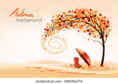 Hello a gold autumn. Autumn landscape with colorful leaves on the tree and umbrella with rain boots in a park on a background. Vector