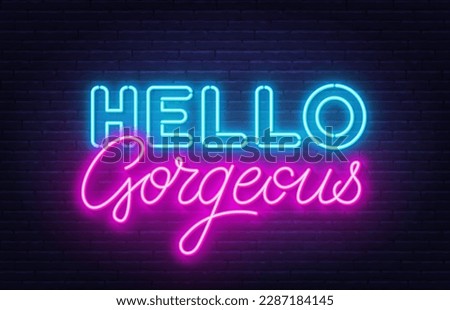 Hello Gorgeous neon quote on brick wall background.