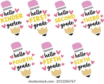 Hello grade pencil graphic. Back to school pencil design for kindergarten through sixth grade.