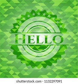 Hello green emblem with mosaic background
