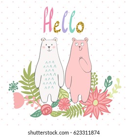 Hello. Greeting card with bears in vector.