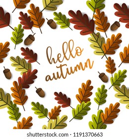Hello greeting card with fall leaves seasonal poster template, vector illustration.