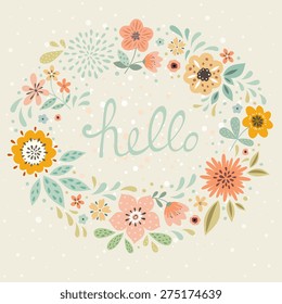 Hello greeting card with floral wreath.