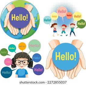 Hello greeting with cartoon characters set illustration