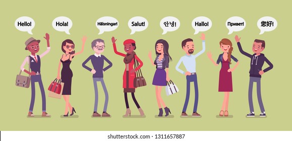 Hello Greeting In Languages And Group Of Diverse People. Friendly Men And Women From Different Countries Saying Hi, Giving A Polite Word Of Recognition And Hand Sign Of Welcome. Vector Illustration