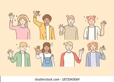 Hello, greeting, mixed race friendship concept. Group of smiling happy children of various races waving their hands to camera and feeling excited vector illustration 