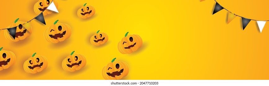 hello halloween background orange yellow page benner space pumpkins on october autumn season poster card 