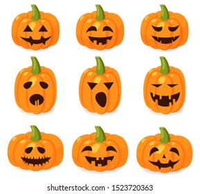 Hello halloween, big set pumpkin emotion, halloween banner, isolated pumpkin horror, october party card vector illustration