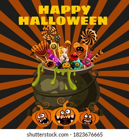 Hello Halloween Cauldron full of Candies and sweets. Autumn october holiday tradition celebration banner poster template. Vector illustration isolated