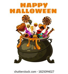 Hello Halloween Cauldron full of Candies and sweets. Autumn october holiday tradition celebration banner poster template. Vector illustration isolated