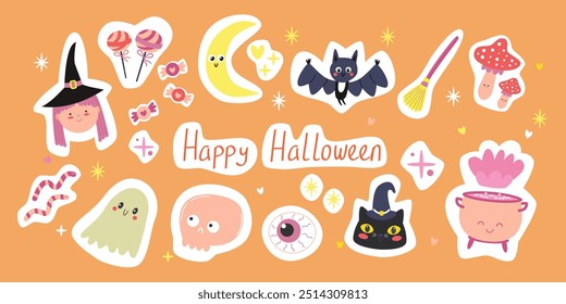 Hello Halloween cute elements set for stickers. Pumpkins, scary black cat, skull, witch, ghost. Vector illustration in flat style