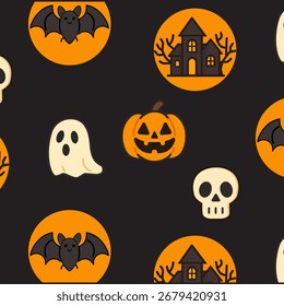 Olá padrão de Halloween. Laranja brilhante, fantasmas assustadores, abóbora, crânio e casa assombrada. Um ótimo banner para promoções de férias.