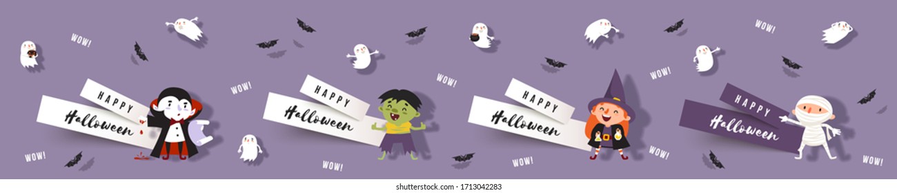 Hello Halloween, set paper cut banners with cute witch, vampire, ghost, zombie, mummy, bats. Isolated vector clipart with Halloween characters for festive design