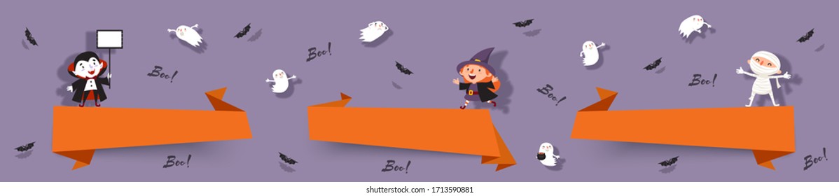 Hello Halloween, set paper cut banners with cute witch, vampire, ghost, mummy, bats. Isolated vector ribbons with Halloween characters for festive design