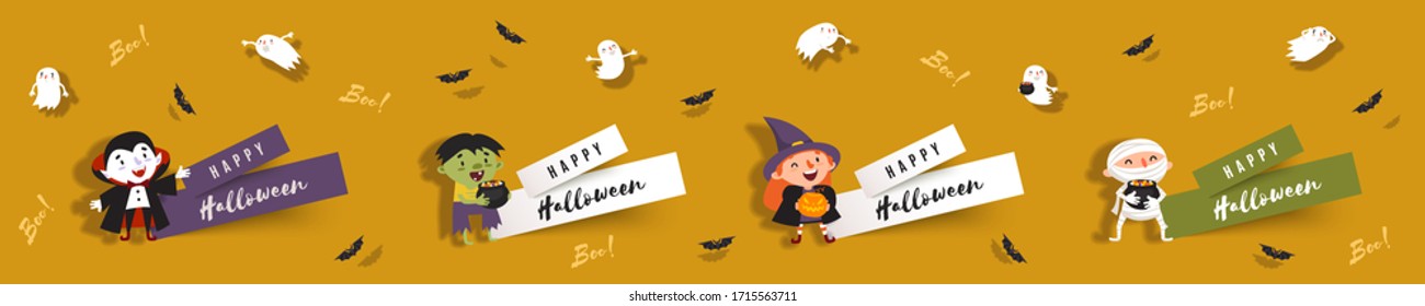 Hello Halloween, set paper cut banners with cute witch, vampire, ghost, zombie, mummy, bats. Isolated vector clip art with Halloween characters for festive design