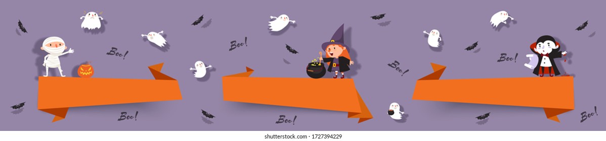 Hello Halloween, set paper cut banners with cute witch, vampire, ghost, mummy, bats. Isolated vector ribbons with Halloween characters for festive design