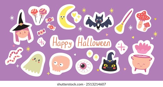 Hello Halloween stikers, cute Halloween elements set. Pumpkins, scary black cat, skull, witch, ghost. Vector illustration in flat style