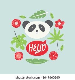 Hello- hand drawn decorative color vector lettering. Vector Illustration with a Panda. Child t shirt design idea. 