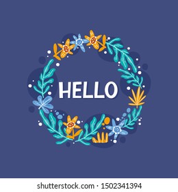 Hello hand drawn lettering with abstract flowers.  Multicolor flowers and leaves. Vector hand drawn postcard. Greeting card