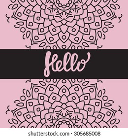 Hello hand drawn lettering. Elegant typographic design for greeting card. Vector illustration with colorful flower decoration.