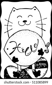 Hello hand drawn lettering and smiling happy cat with greeting fish as background