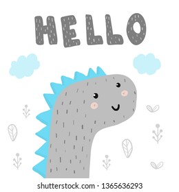 Hello hand drawn print with cute fantastic animal. Vector illustration