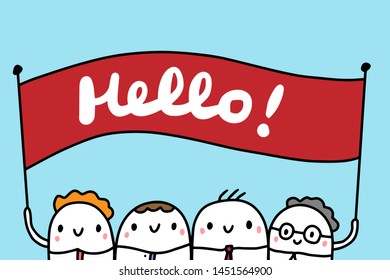 Hello hand drawn vector illustration in cartoon style. Group of businessman holding sign banner