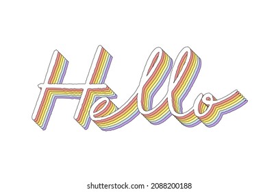 Hello hand lettering 3d isometric effect with rainbow patterns.