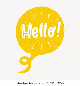 'Hello' hand lettering. Fun doodle style typographic headline in yellow speech bubble.