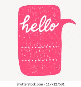 'Hello' hand lettering. Fun doodle style typographic headline in pink speech bubble.