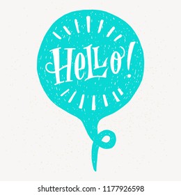 'Hello' hand lettering. Fun doodle style typographic headline in blue speech bubble.