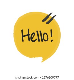 'Hello' hand lettering. Fun doodle style calligraphic headline in yellow speech bubble.