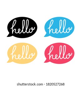 'Hello' hand lettering. Fun doodle style calligraphic headline in colours speech bubbles