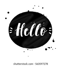 Hello. Hand lettering on chalkboard. Postcard or poster with hand drawn lettering. Vector illustration.