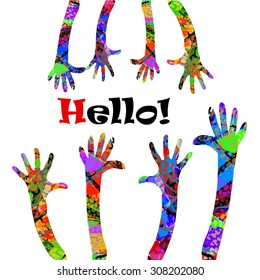 Hello hands up multicolored. Vector